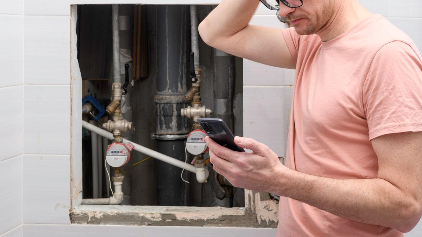 A person stands near plumbing fixtures with water meters while holding a smartphone.