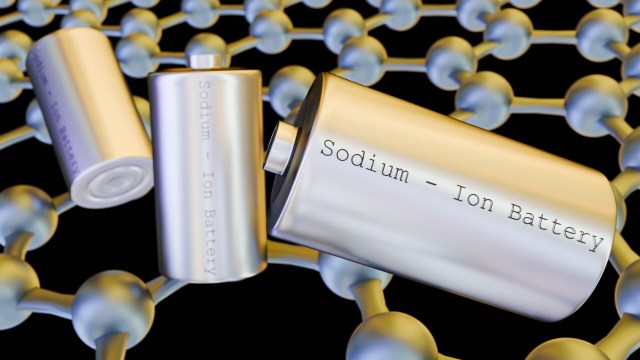 Three sodium-ion batteries are displayed against a molecular structure background.