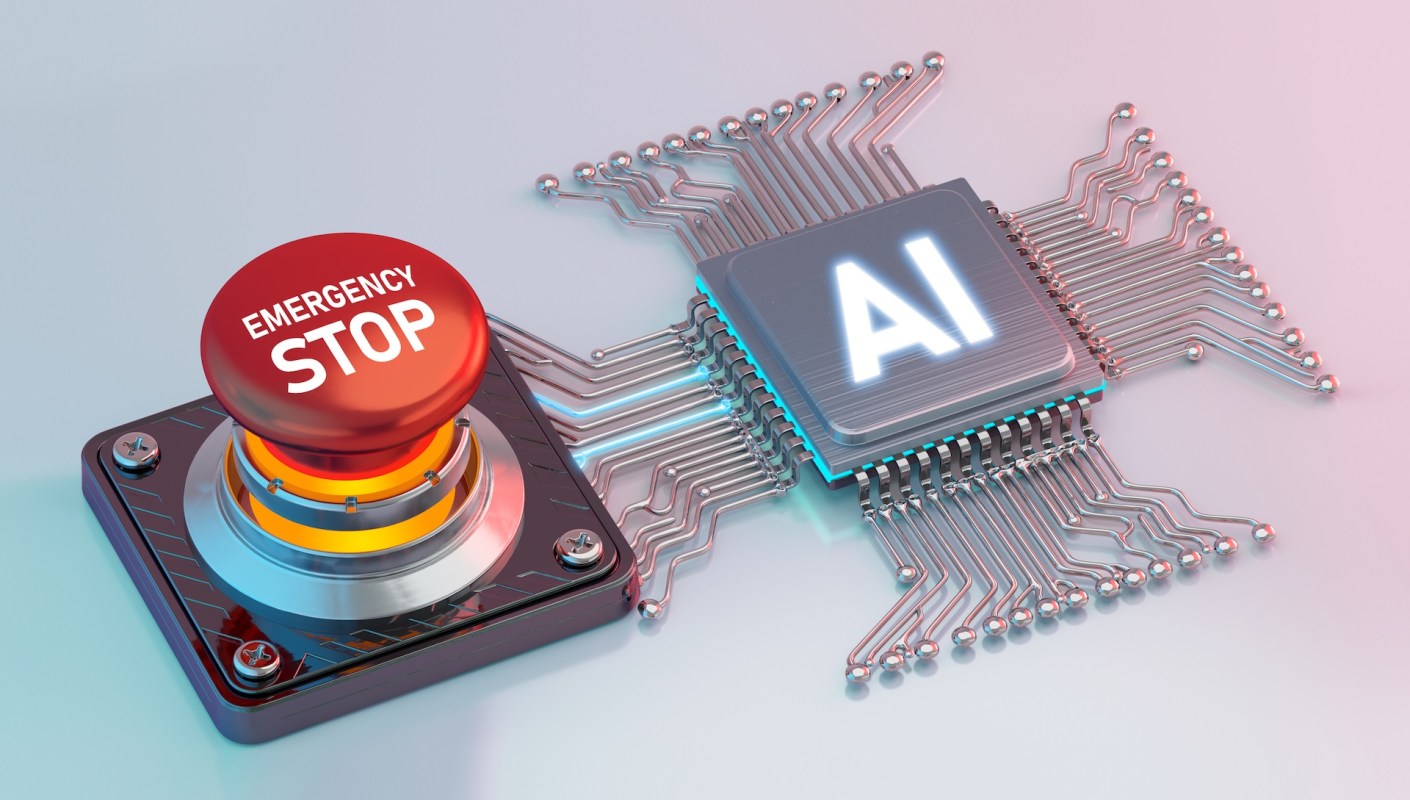 An emergency stop button connected to a computer chip labeled "AI."