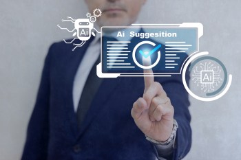 A person interacts with a digital interface displaying AI suggestions and icons.