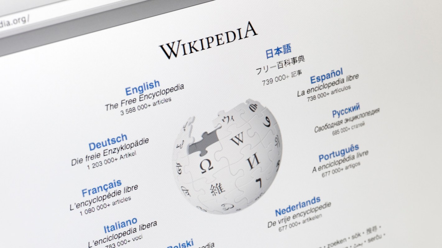A computer screen displaying the Wikipedia homepage in multiple languages.