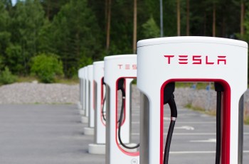 Multiple Tesla electric vehicle charging stations lined up in a parking area surrounded by trees.
