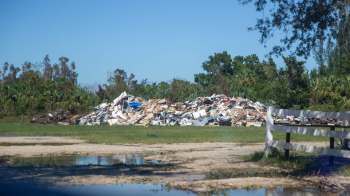 A large pile of debris and waste surrounded by greenery.