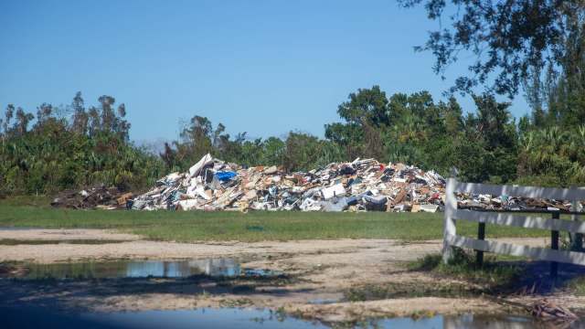 A large pile of debris and waste surrounded by greenery.
