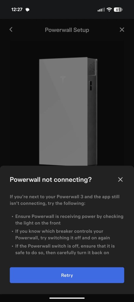 A "Powerwall not connecting?" message. 