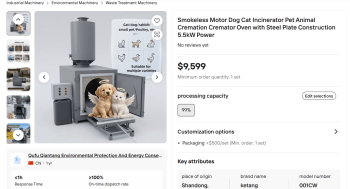 A pet cremation incinerator with a dog and cat illustration on the front, featuring a steel plate design.