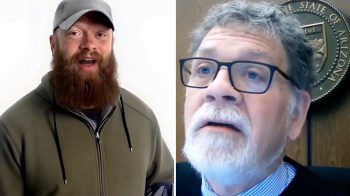 A man with a beard on the left and a man with glasses on the right, both engaged in conversation.