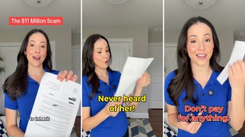 A woman in a blue shirt discusses a scam while holding papers and speaking to the camera.