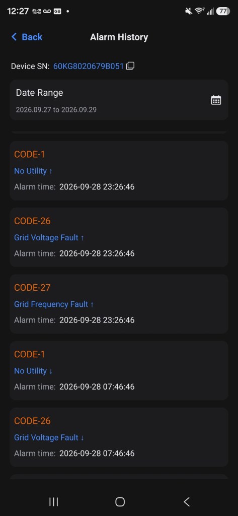 Fault reports from a mobile app screen.