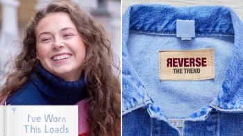 A woman smiles next to a denim jacket with a "Reverse the Trend" label.