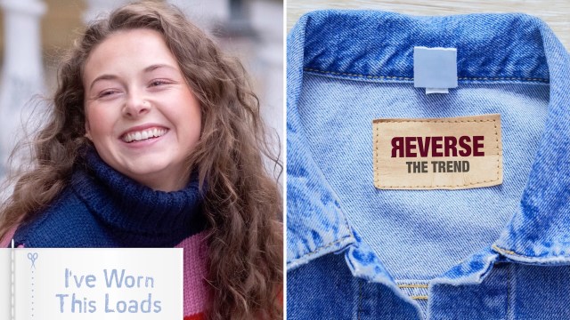 A woman smiles next to a denim jacket with a "Reverse the Trend" label.