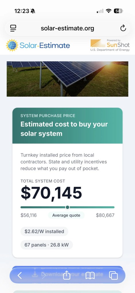 A solar estimate with a total system cost of $70,145.