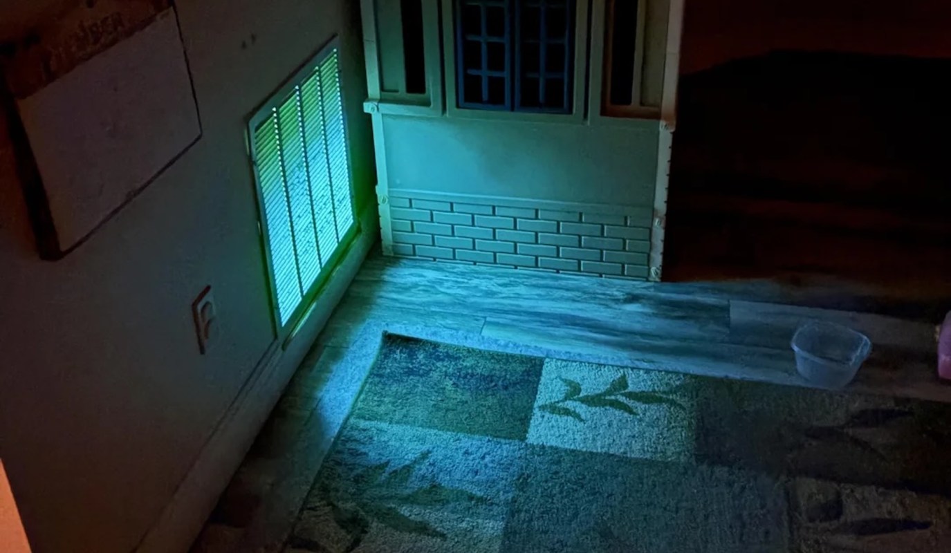 A dimly lit interior showing a patterned rug, a window with blinds, and a plastic container on the floor.