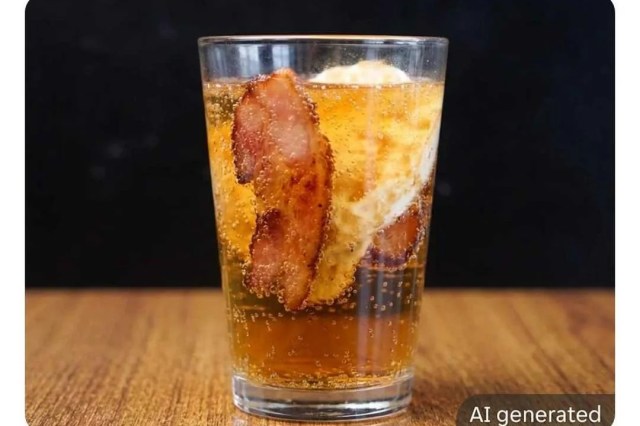 An AI-generated image of bacon and eggs in a glass of soda. 