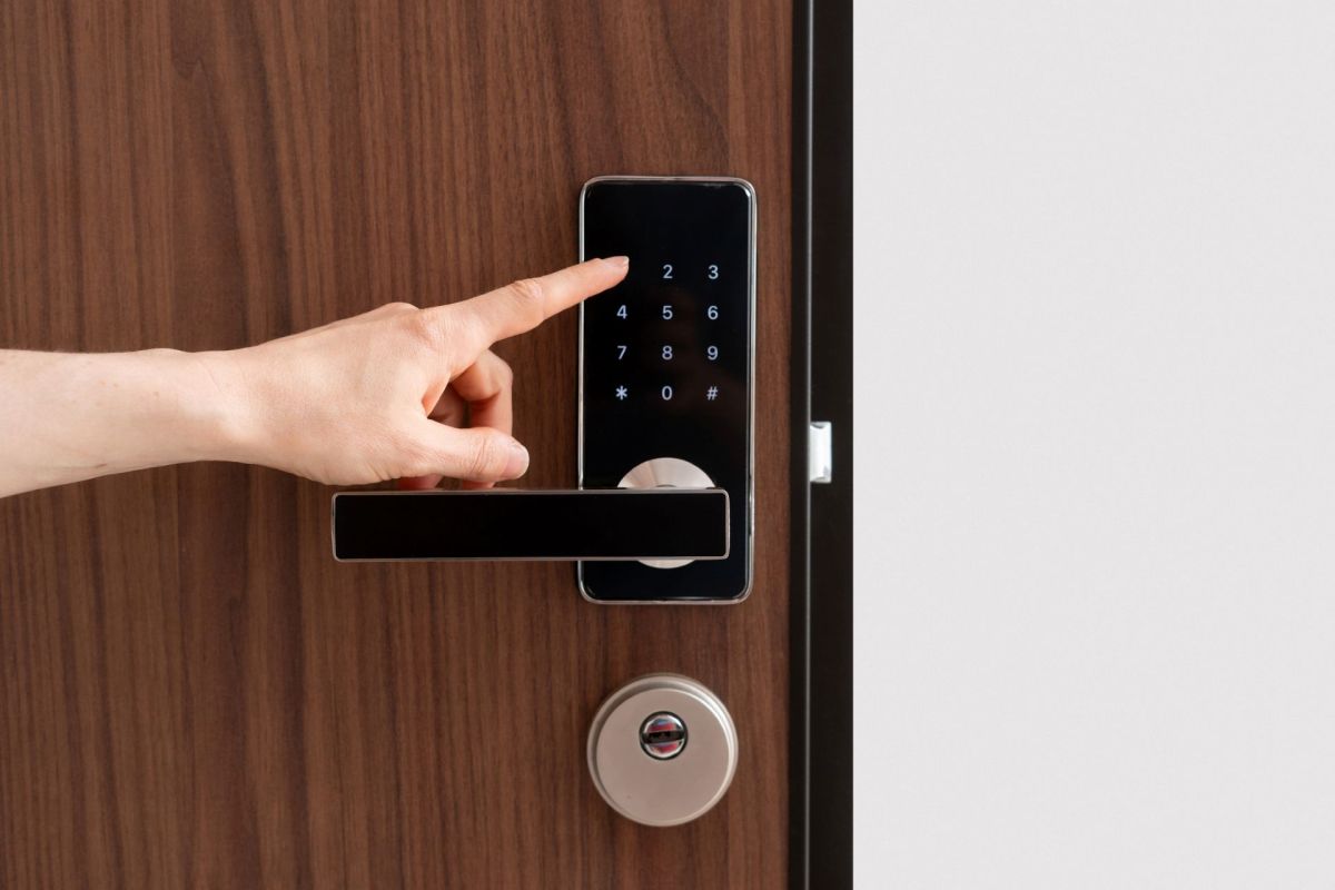 A door with a keypad.