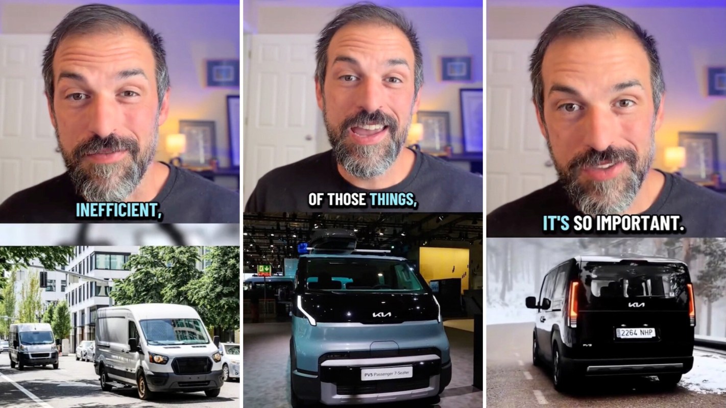 In a triptych, a man talks about a conventional work van then about an electric Kia van.