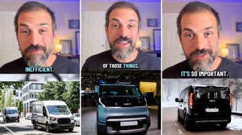 In a triptych, a man talks about a conventional work van then about an electric Kia van.