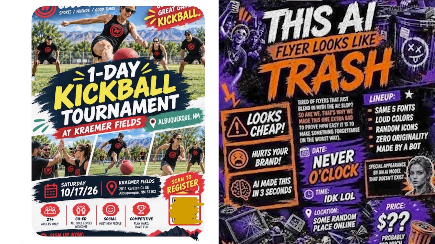 A promotional flyer for a kickball tournament and another flyer criticizing AI-generated designs.