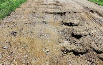 A dirt road with rough patches, rocks, and tire tracks.