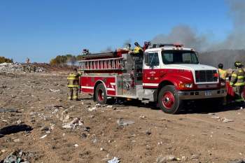 A firetruck at the site of the landfill fire.