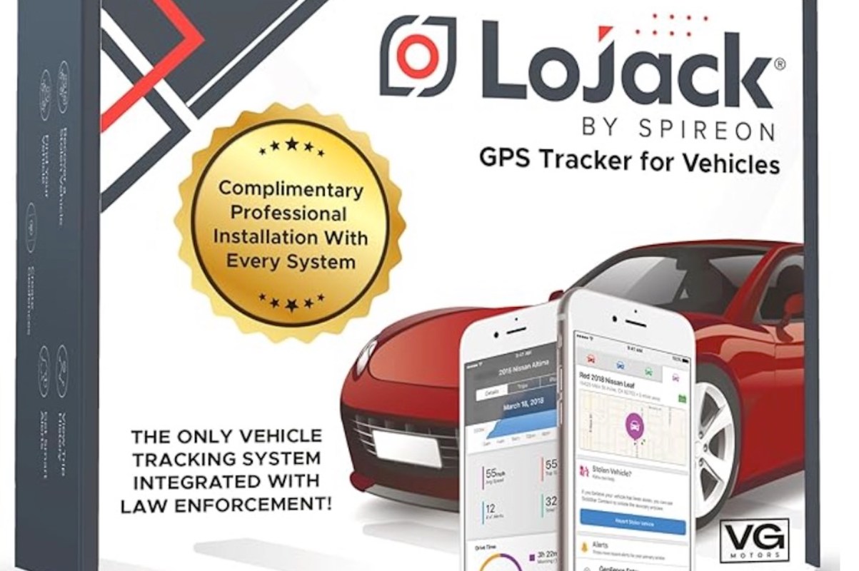A package for a LoJack GPS vehicle tracker featuring a red car and smartphone app screenshots.