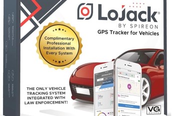 A package for a LoJack GPS vehicle tracker featuring a red car and smartphone app screenshots.