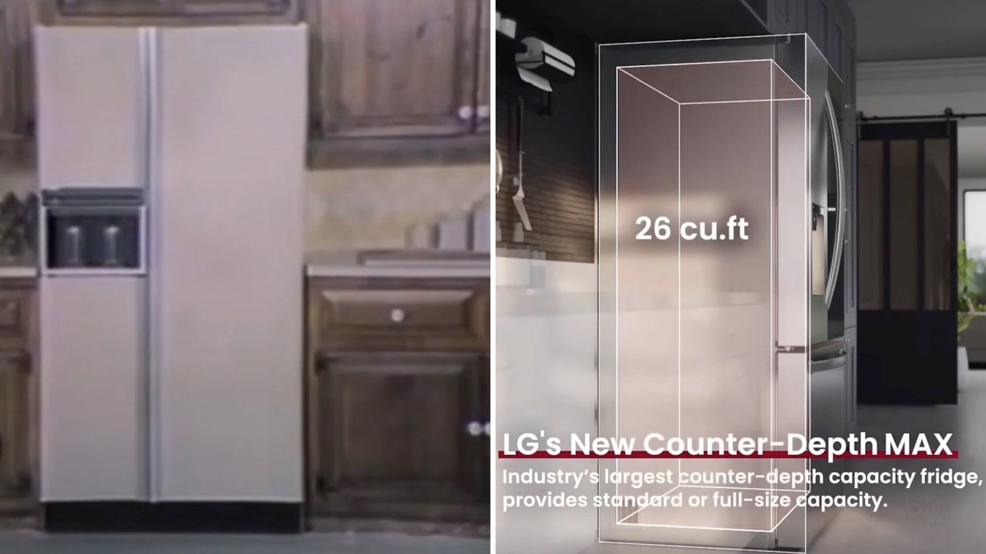 A side-by-side refrigerator with a display highlighting its 26 cu. ft. capacity and features.