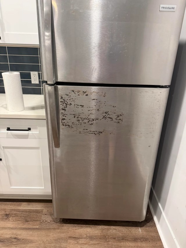 A stained fridge.