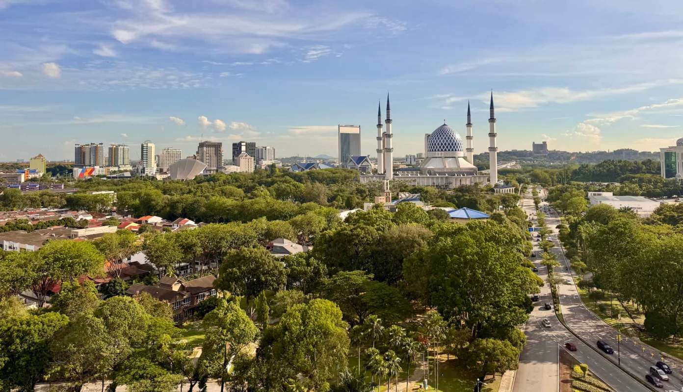 A view of a cityscape featuring a mosque, modern buildings, and greenery.