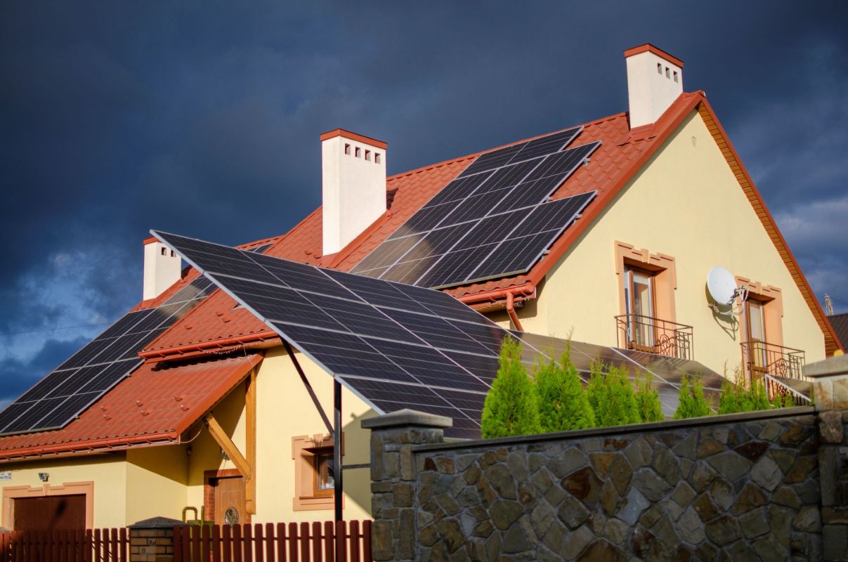 Solar panels on and near a home.
