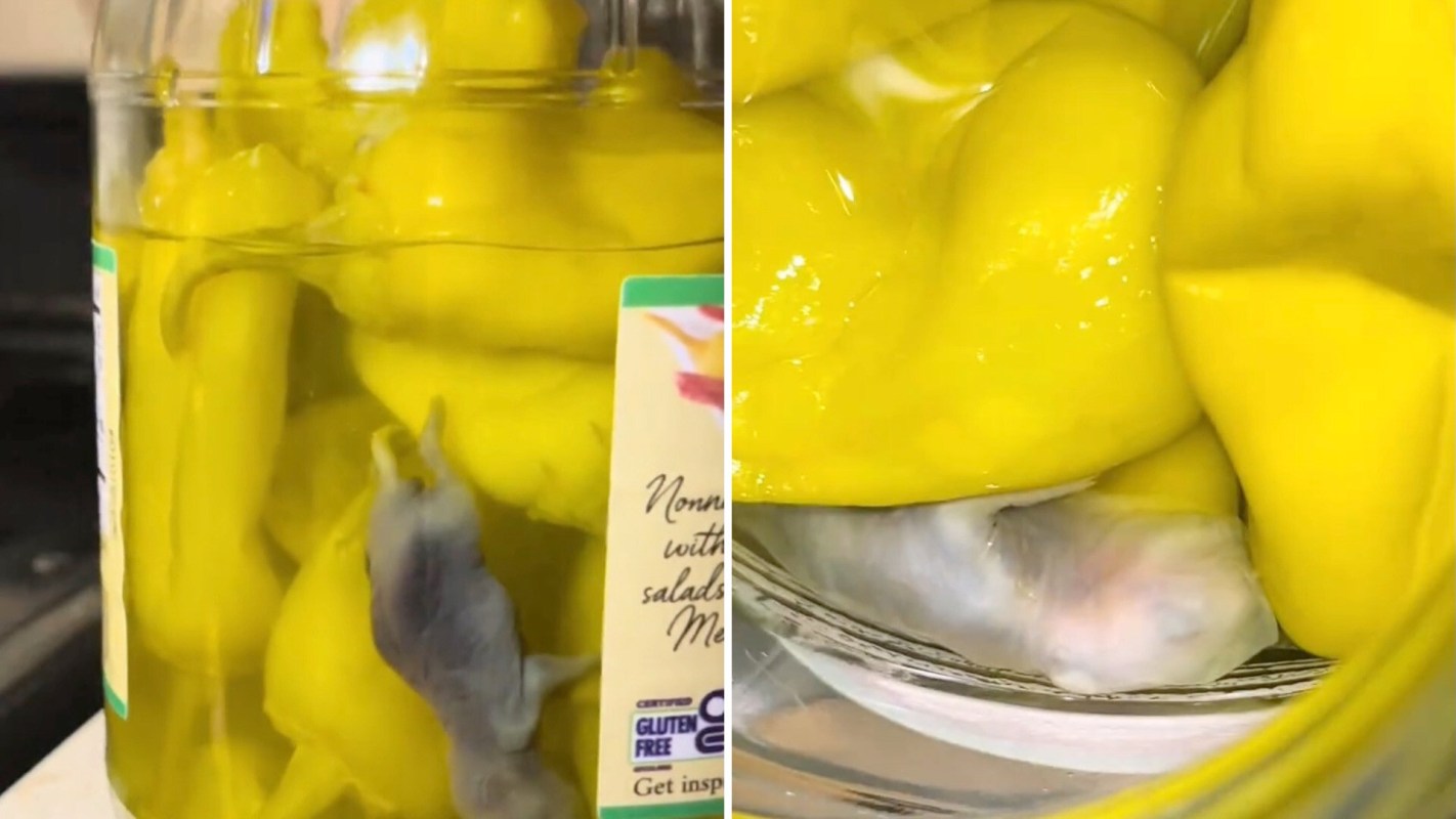 A jar filled with yellow peppers and a small rodent peeking out from behind the peppers.