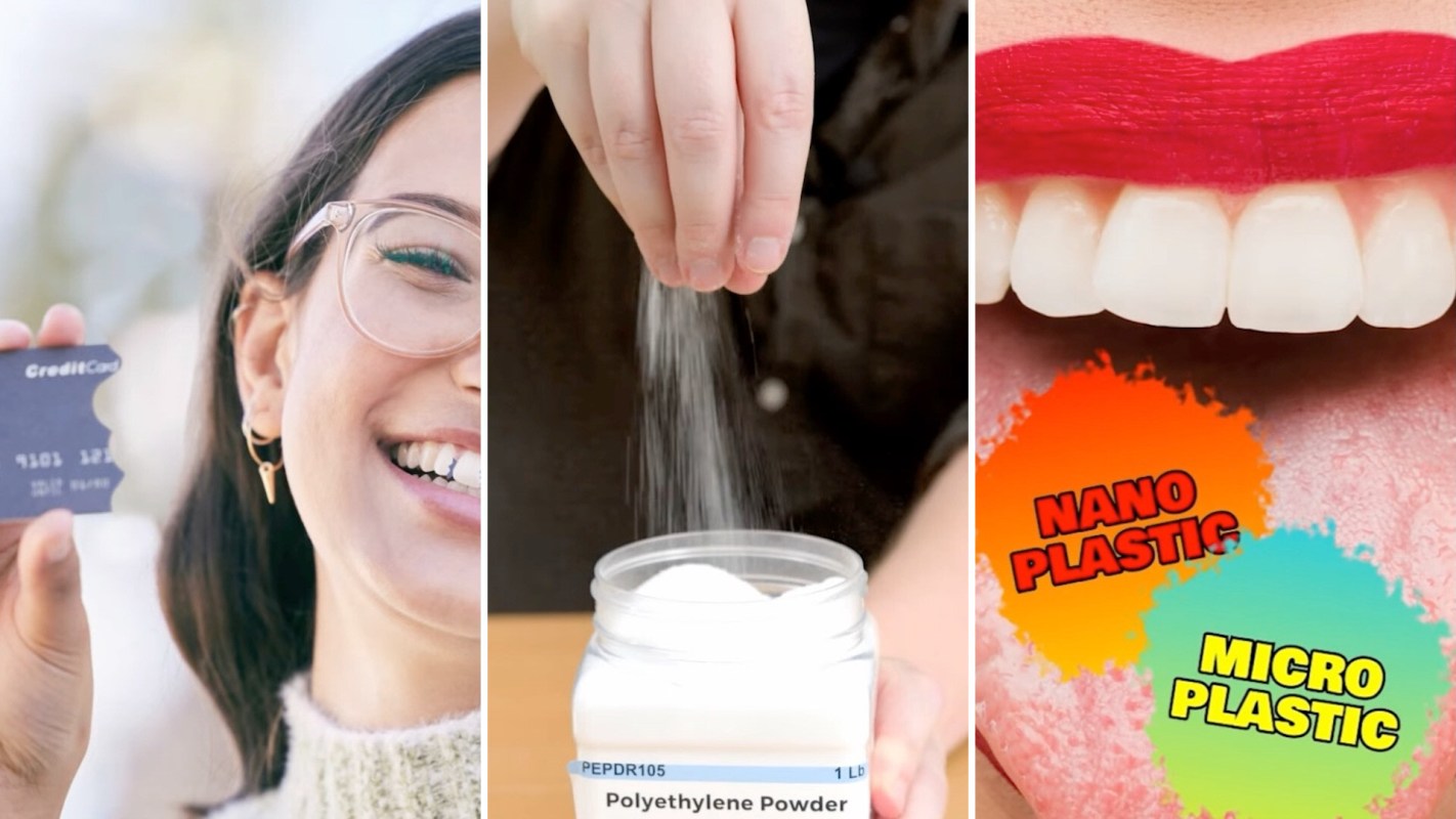A triptych featuring a credit card with a bite taken out, a white powder, and a graphic on microplastics and nanoplastics.