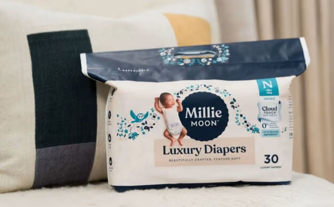 A bag of Millie Moon Luxury Diapers.