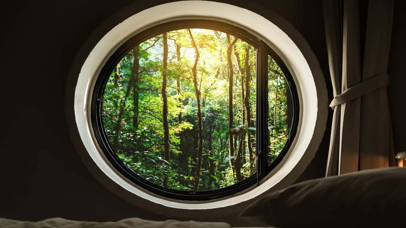 A round window looking out into a forest.