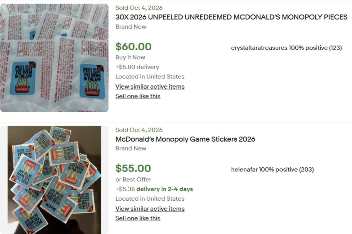 A collection of McDonald's Monopoly game pieces and stickers for sale, featuring prices and seller information.