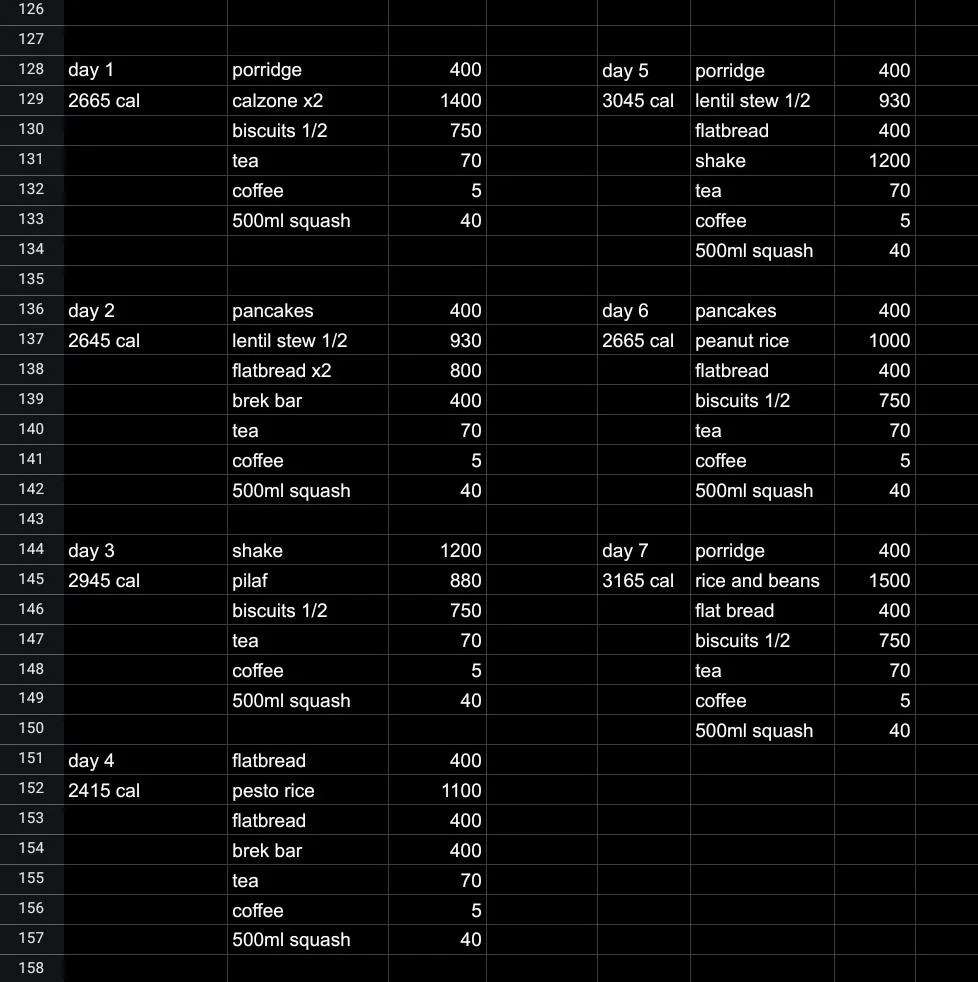 A spreadsheet outlining daily food and calorie intake.