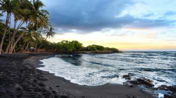 A beach scene with black sand, waves lapping at the shore, and palm trees in the background.