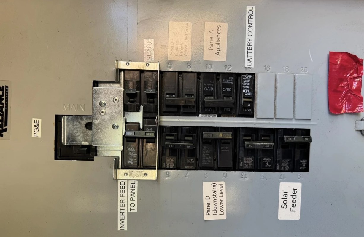 An electrical panel with various circuit breakers and labeled sections for power distribution.
