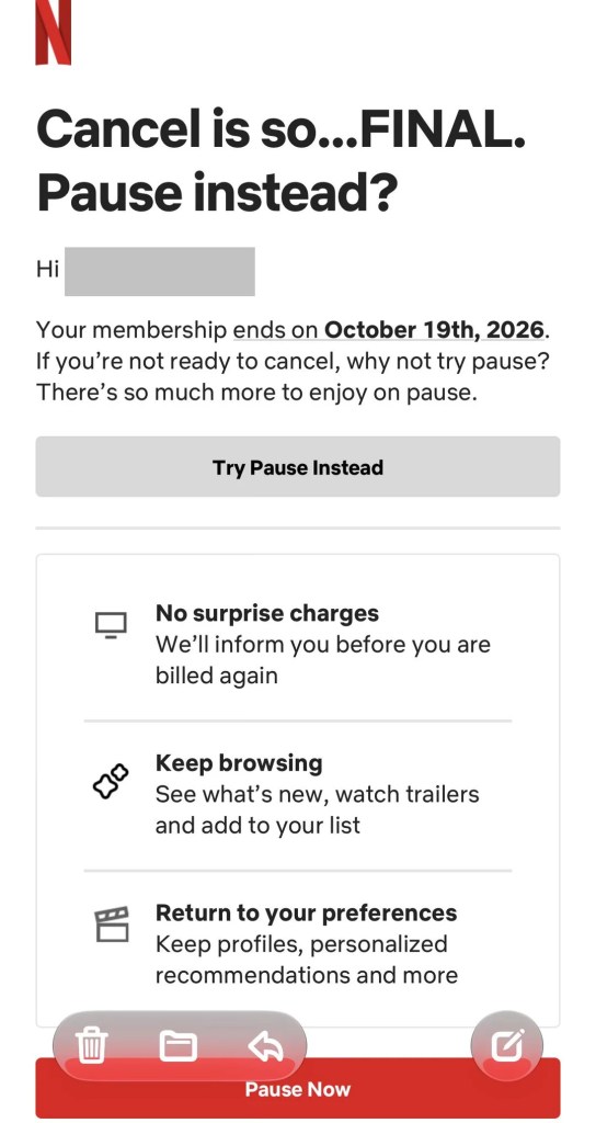 A Netflix cancellation confirmation with an offer to pause account instead.