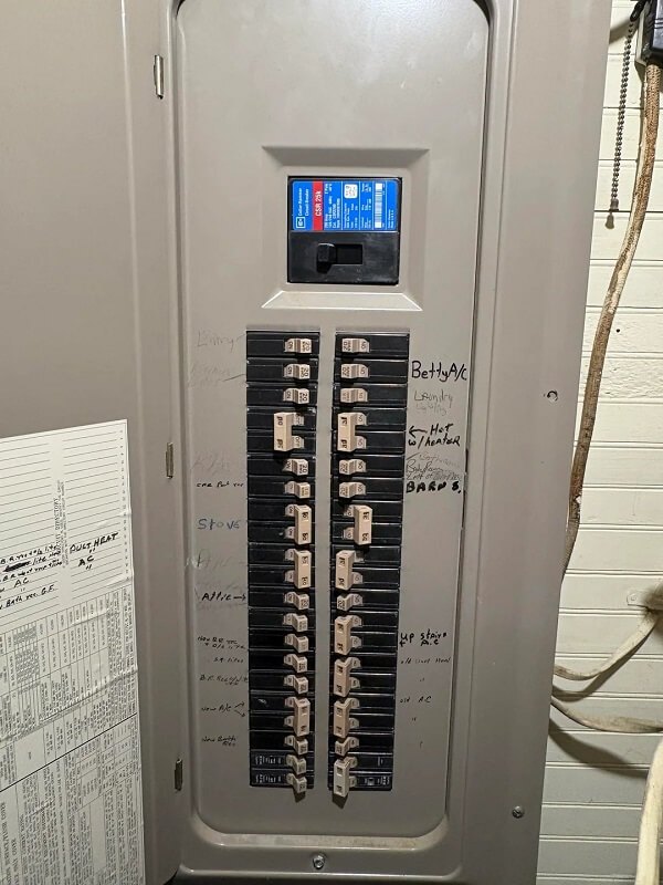 An electrical panel with circuit breakers and labels for various appliances and areas.