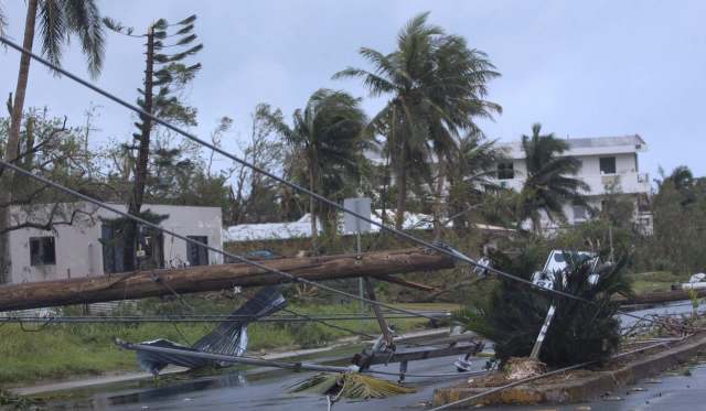 A street scene with fallen power lines, damaged buildings, and palm trees in a storm-affected area.