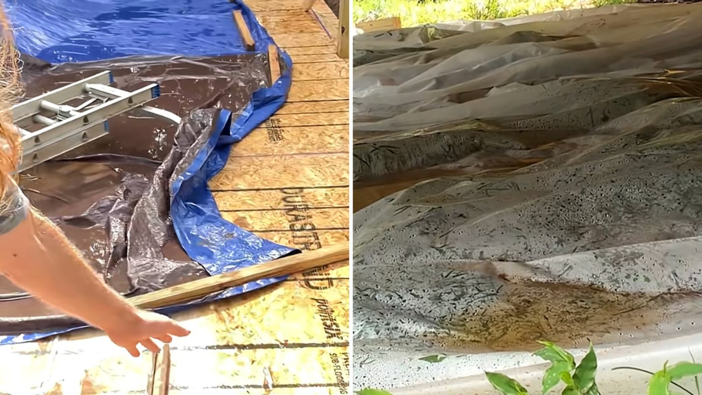 A wooden surface covered with tarps and plastic, with a ladder visible and some debris underneath.