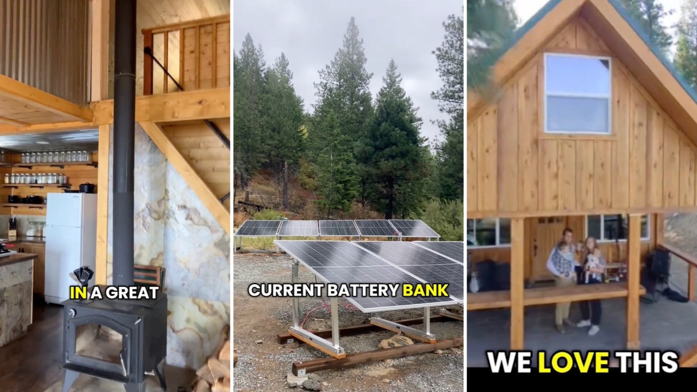 A three-part image featuring a cozy cabin interior, a solar panel setup, and a wooden house with people.