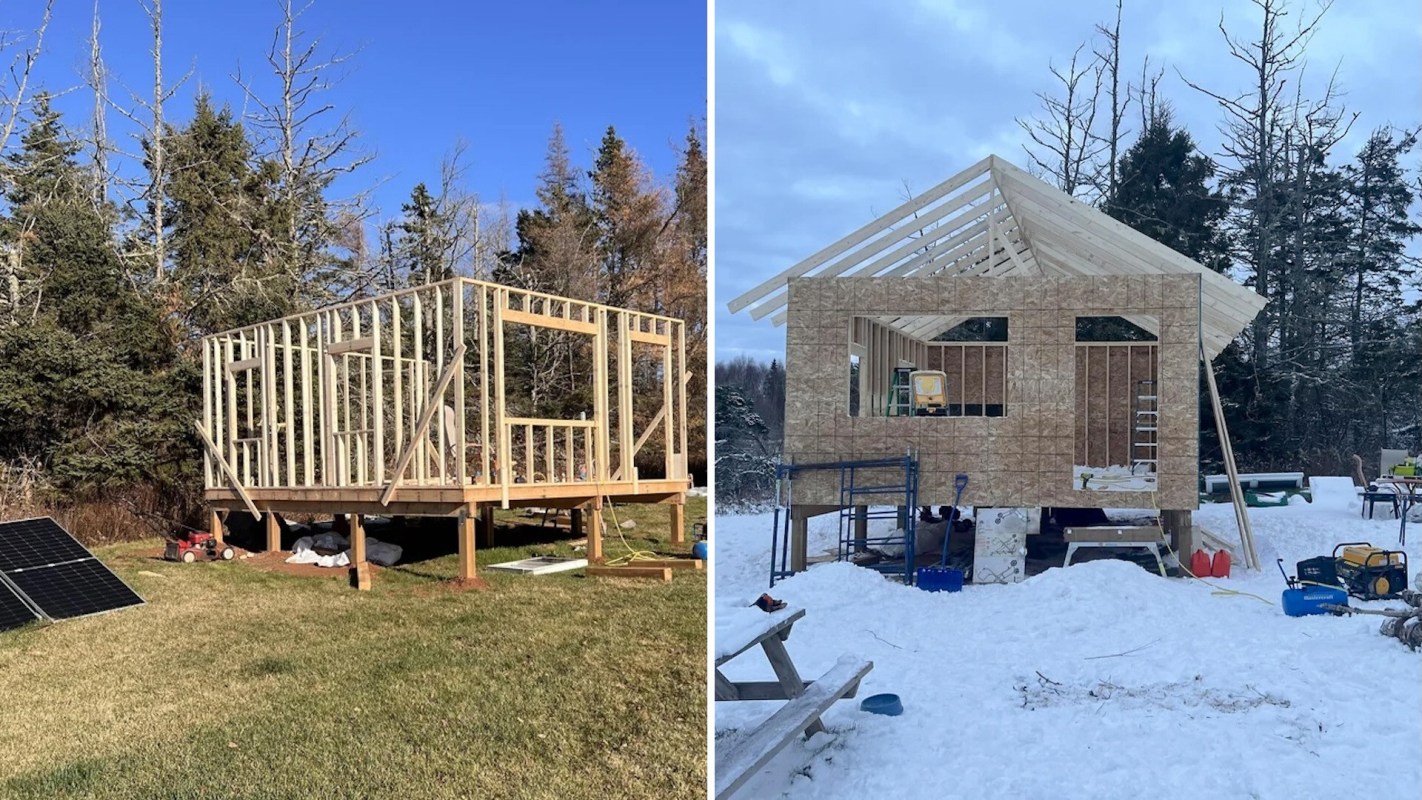 Two partially constructed buildings, one in a grassy area and the other in a snowy landscape, with construction materials visible.