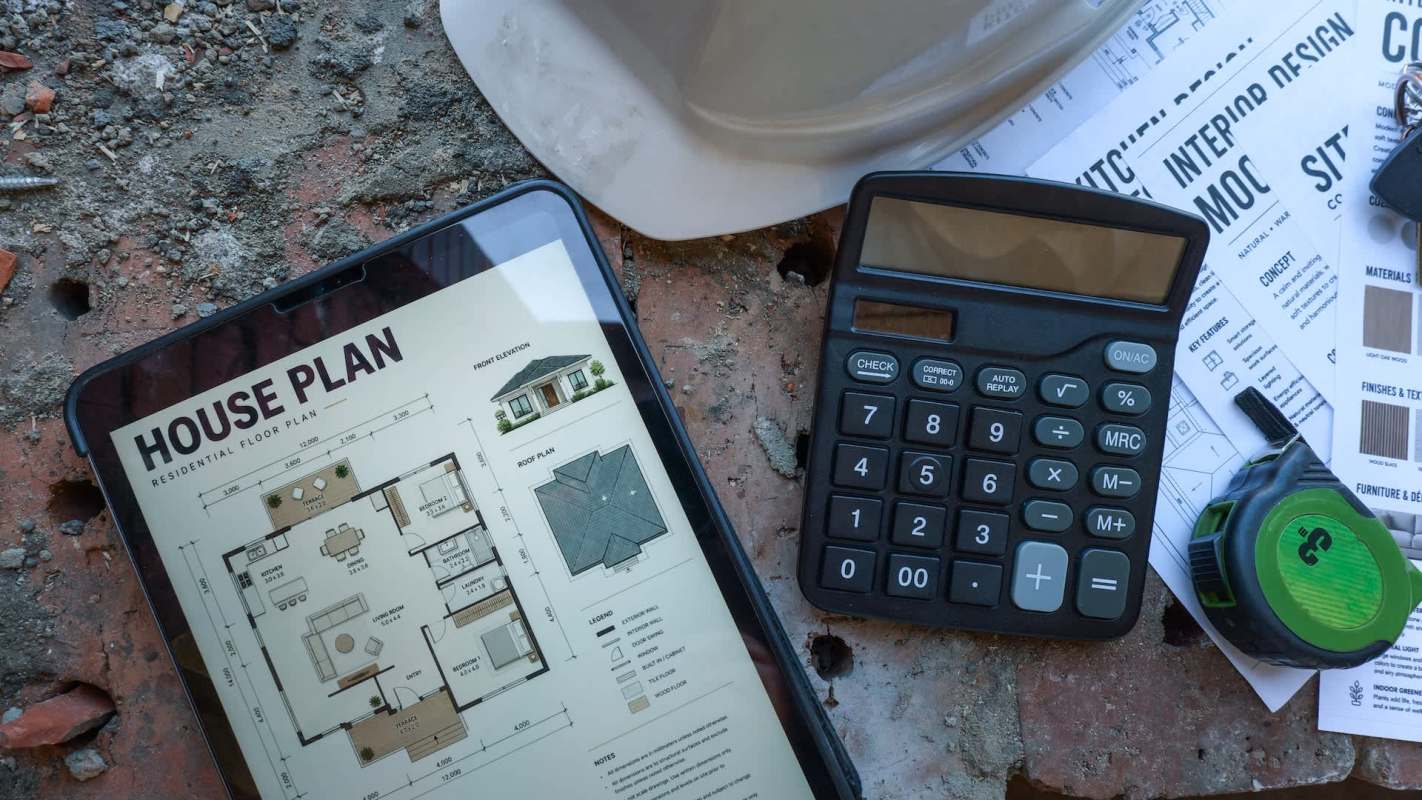 A tablet displaying a house plan, a calculator, a tape measure, and design documents on a work surface.