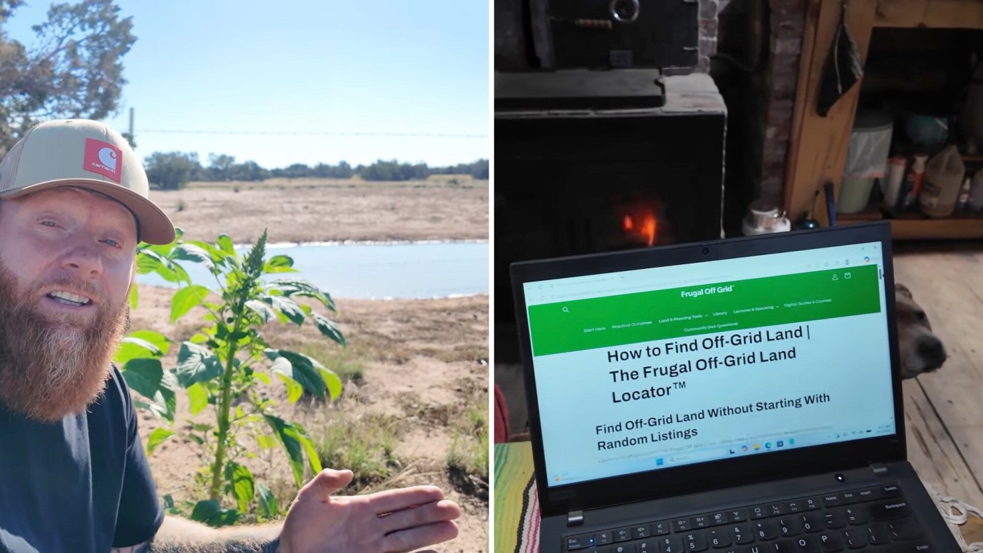 A man gestures toward a plant and water body in an outdoor setting, with a laptop displaying a website indoors.