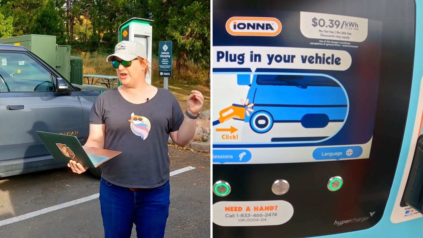 A woman stands with a laptop near an electric vehicle charging station displaying instructions to plug in a vehicle.
