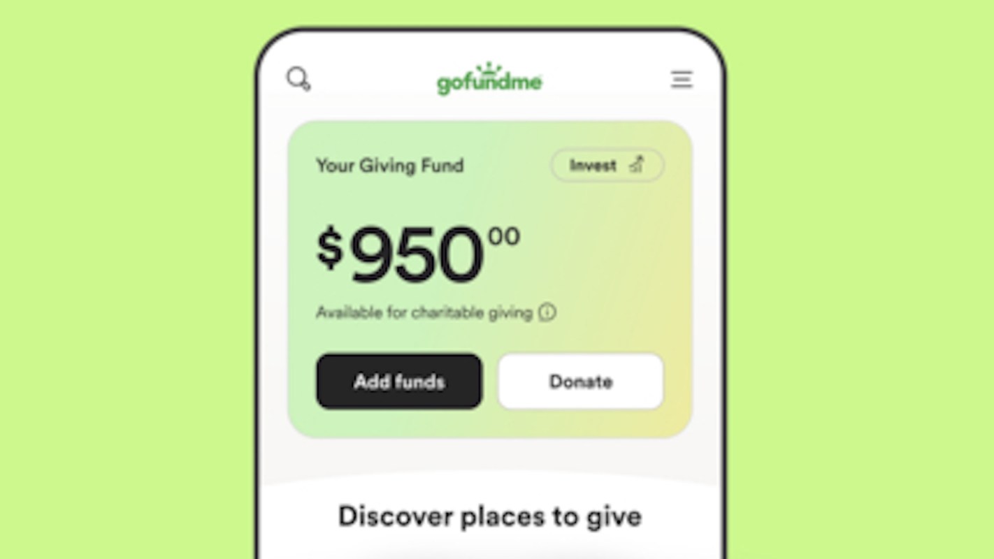 A smartphone screen displaying a GoFundMe page with a balance of $950 for charitable giving.