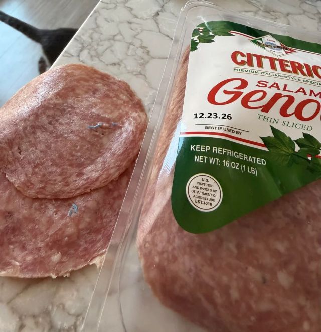Pieces of plastic in salami.