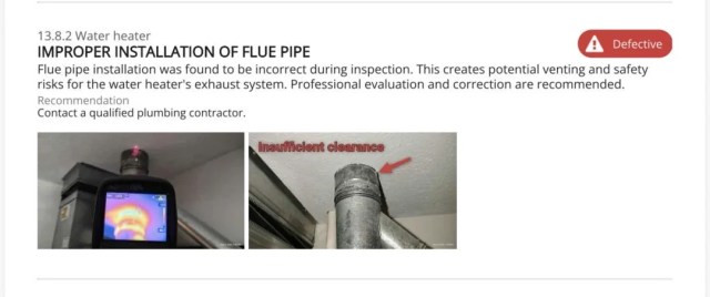 An inspection summary of an improper flue pipe installation.